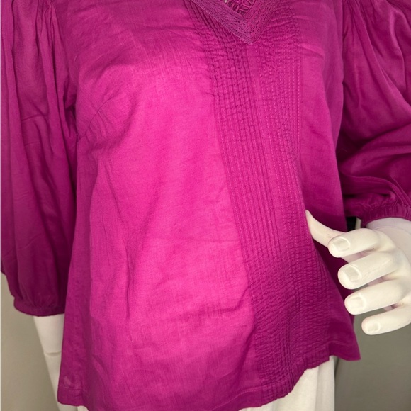 Farm Rio Fuchsia Pink Smocked Puff Sleeve Blouse with Bib Collar - Picture 9 of 13